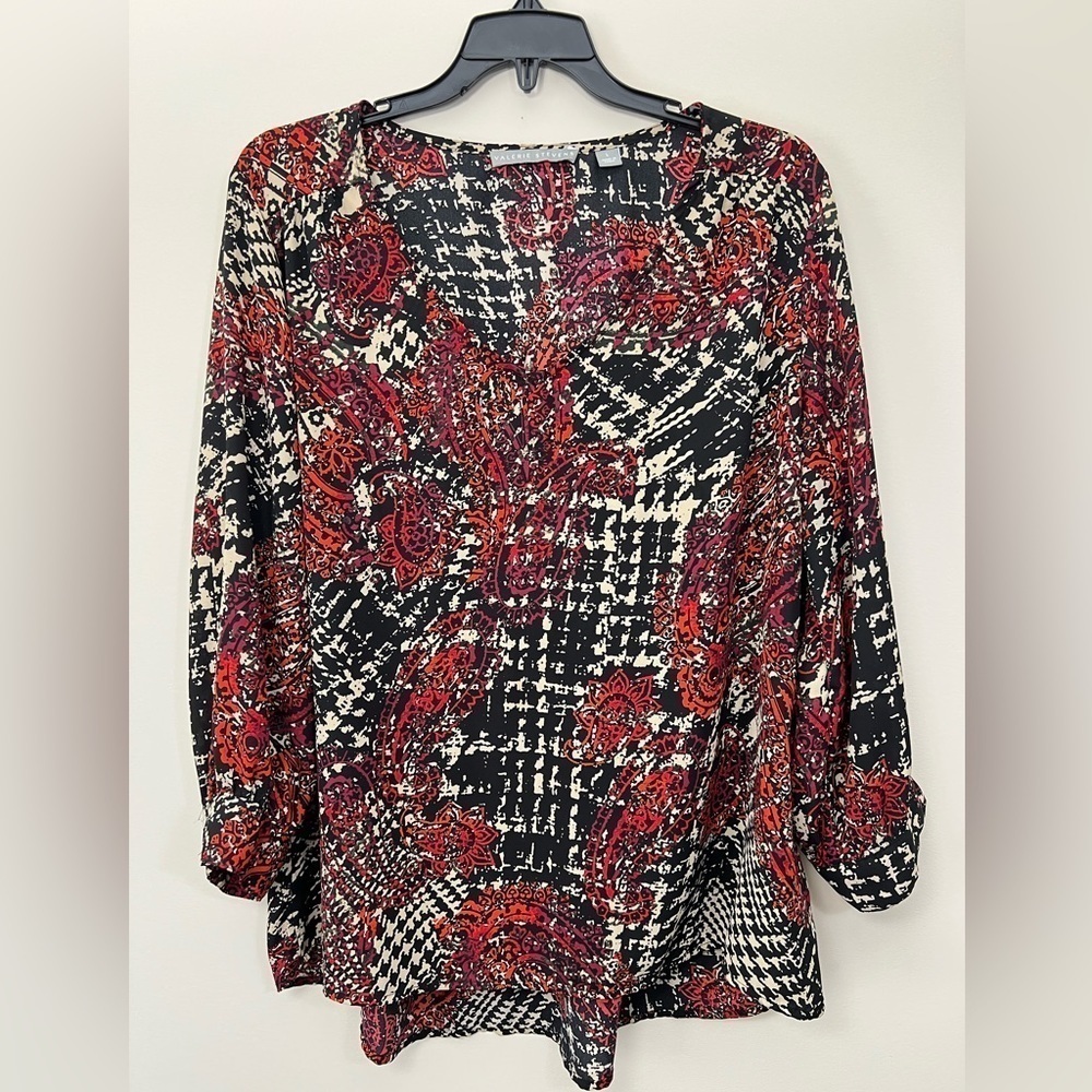 Red Paisley High Low Checkered Blouse